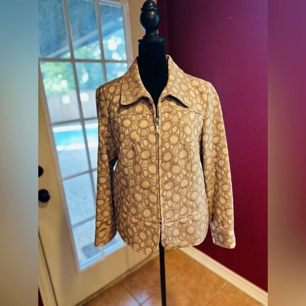 Erin by Erin London Jacket | Taupe Circle Print Textured Zip Front | Size PL